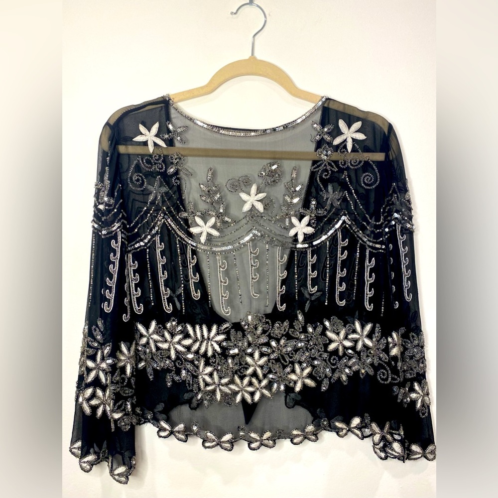 Vintage - Black & White Floral Beaded Top w/ Black Satin Tieback - S/M
